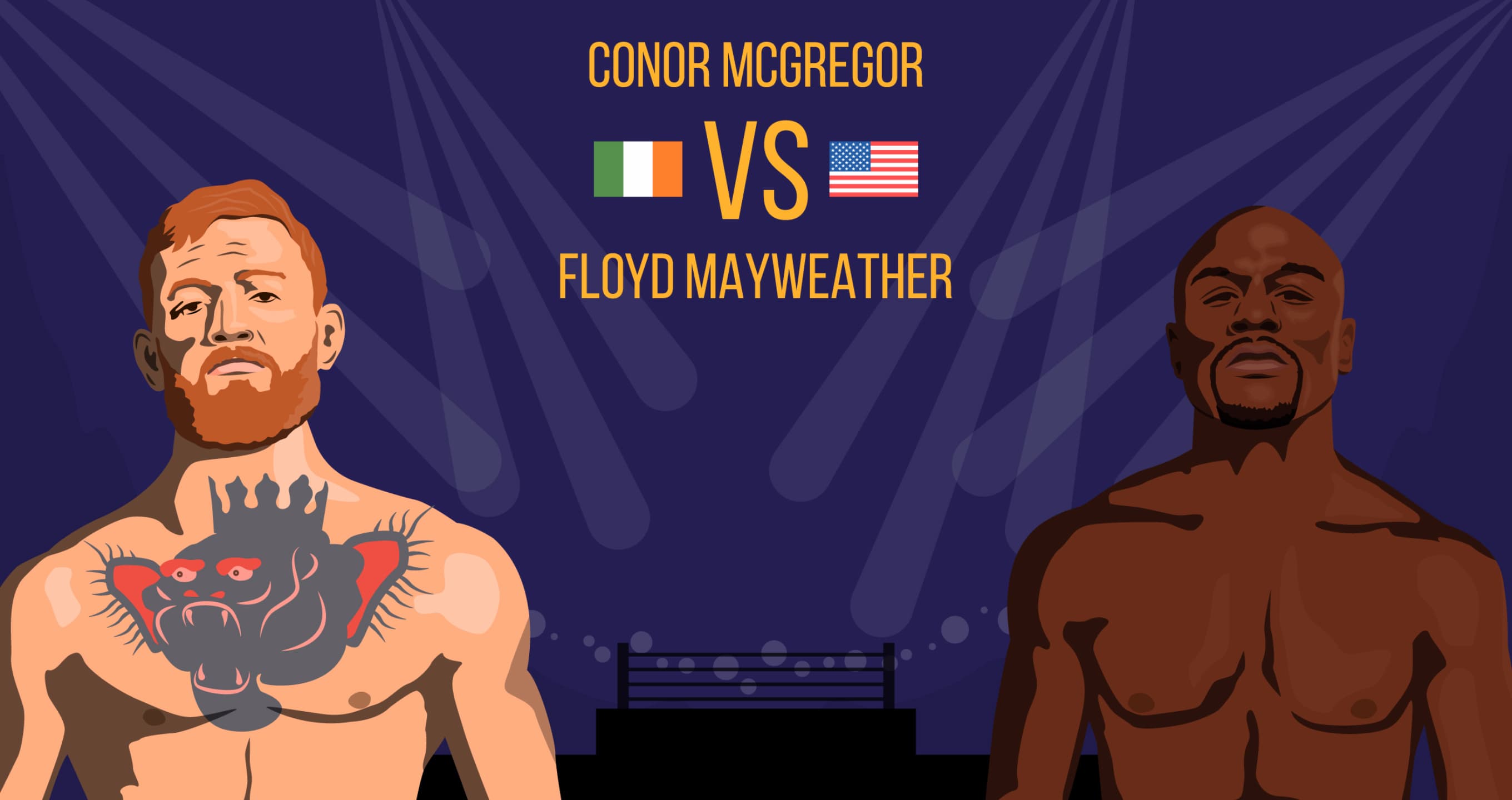 Illustration of Conor McGregor and Floyd Mayweather. McGregor is on the left, Mayweather is on the right. Both look very stern.
