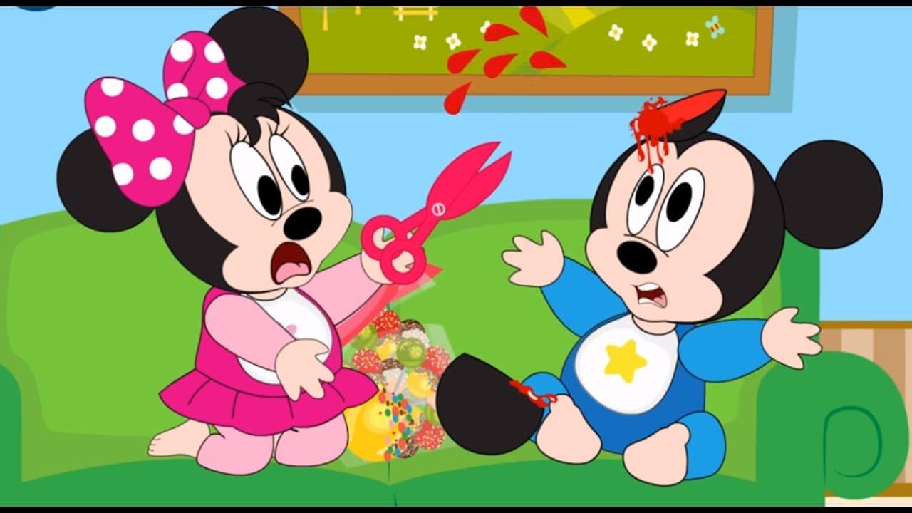 Minnie Mouse chopping off the ear of Mickey Mouse with a pair of scissors