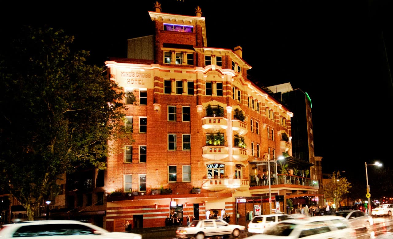 Photo taken at night of Kings Cross Hotel in Sydney