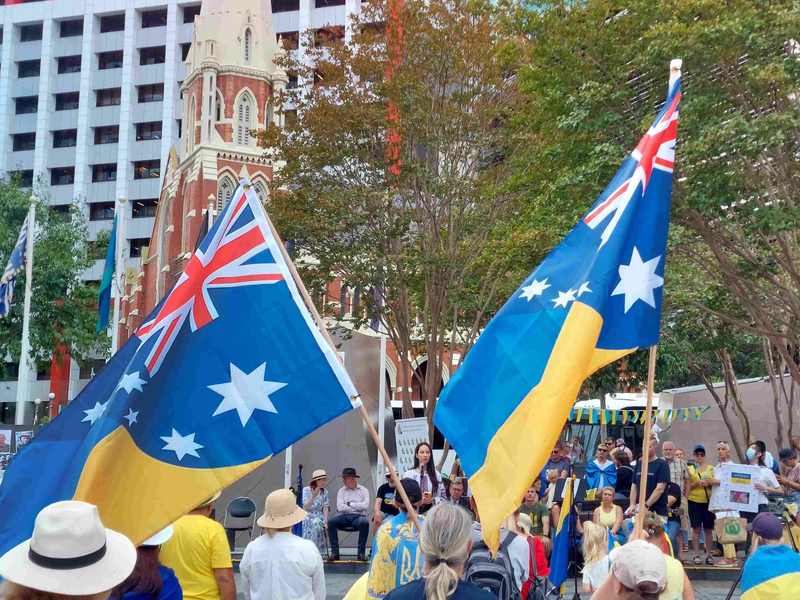 Ukrainian community rally in Brisbane, one year following invasion