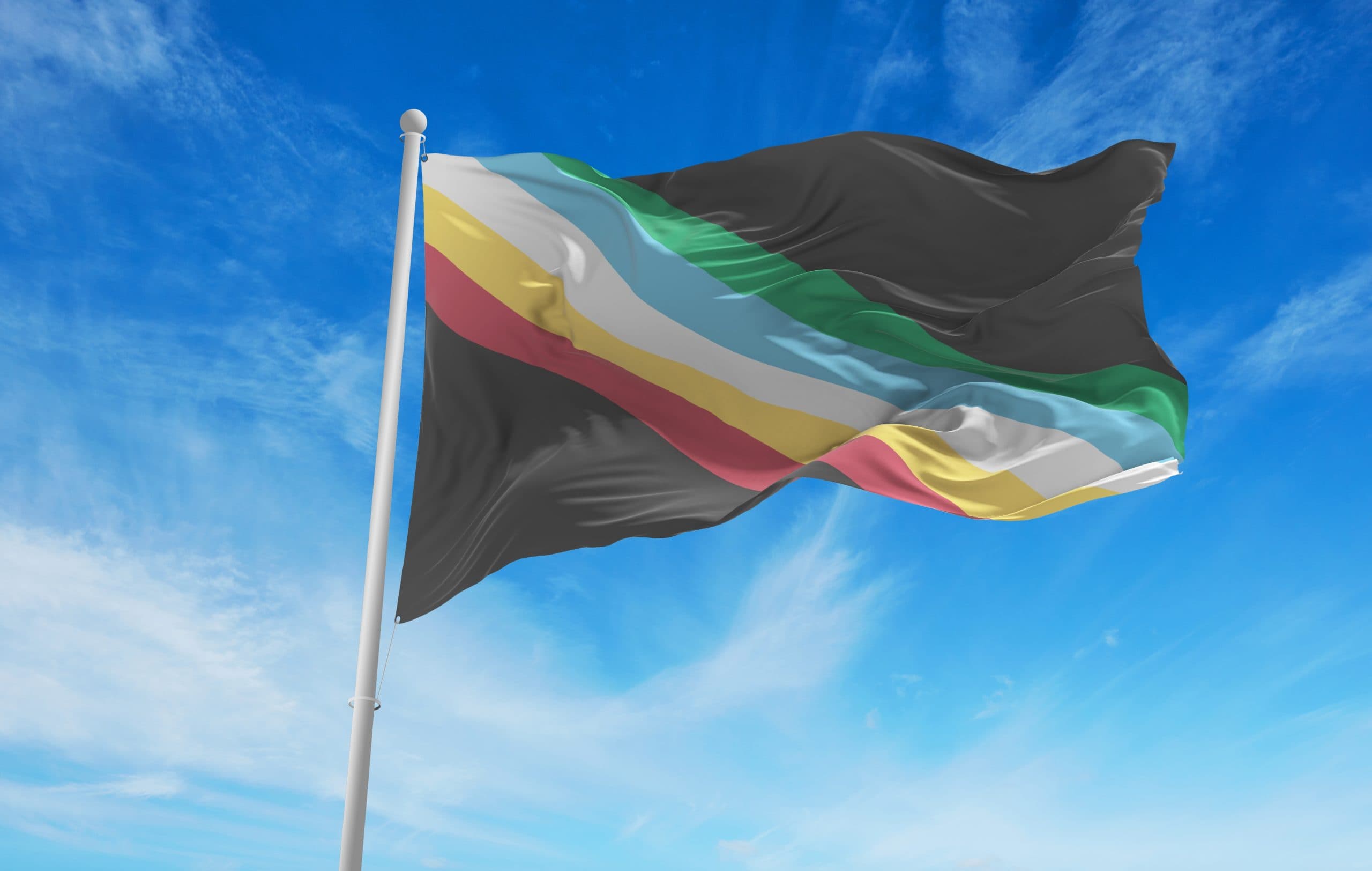 Disability Pride Flag against a blue sky