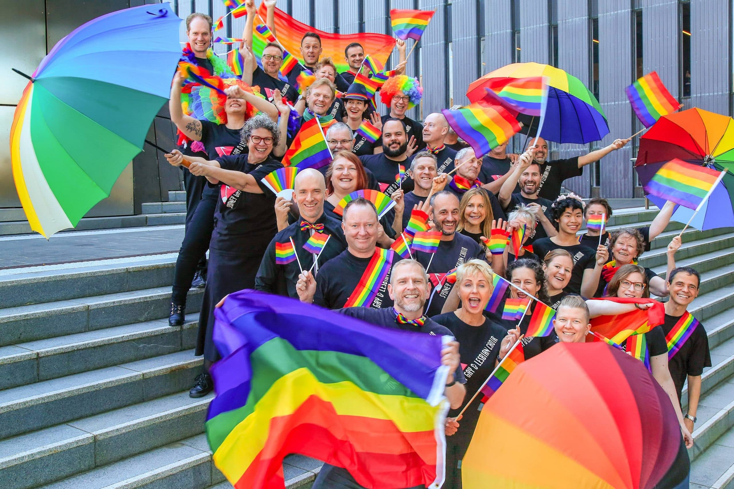 Sydney Gay and Lesbian Choir. SGLC group picture. Rainbow. Gay Pride. Gloria! End of year event.