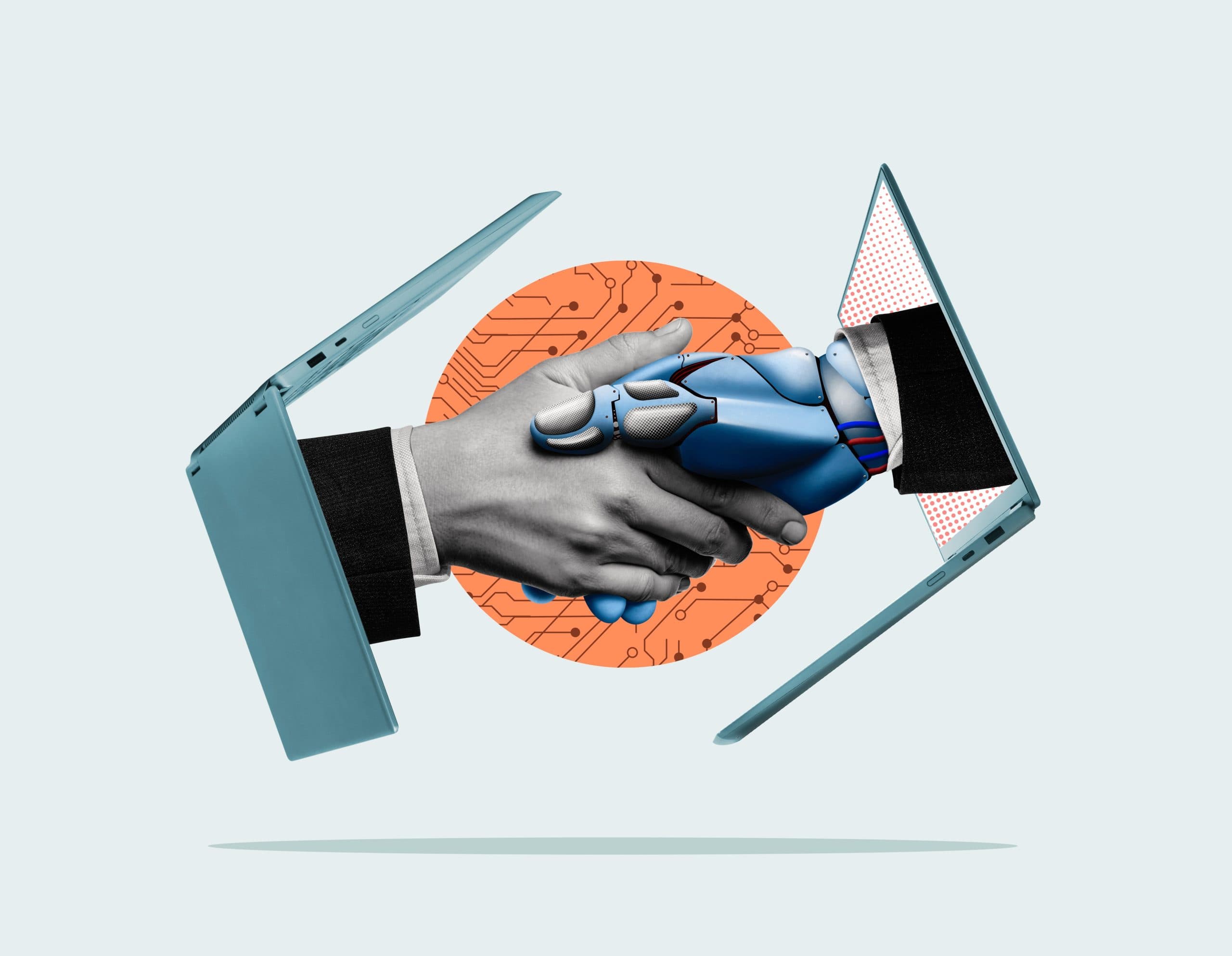 an art collage of a man and a robot hand shaking hands