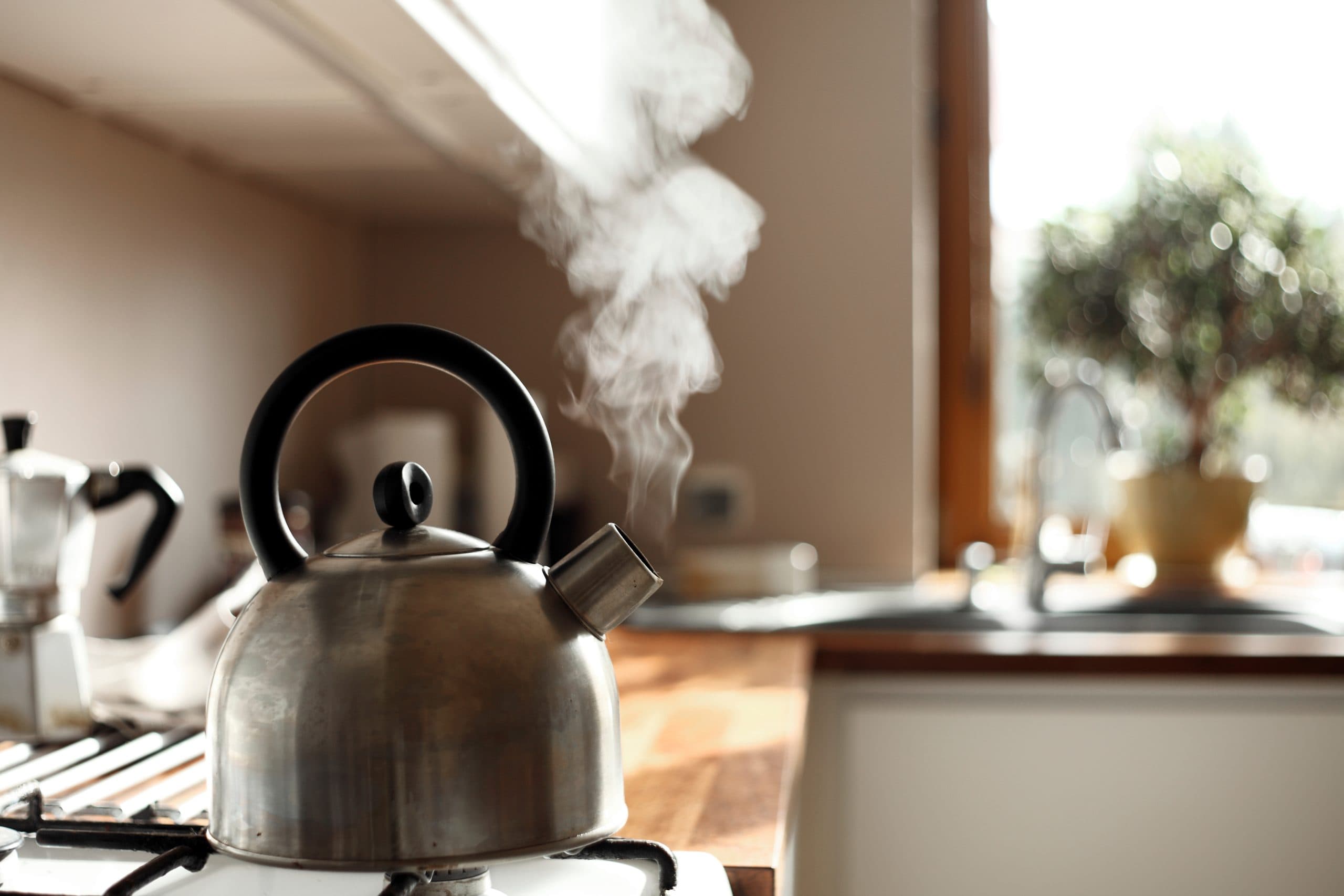 A rounded grey metal kettle with a black handle, with steam coming out the spout, is sitting on a stove in a kitchen.