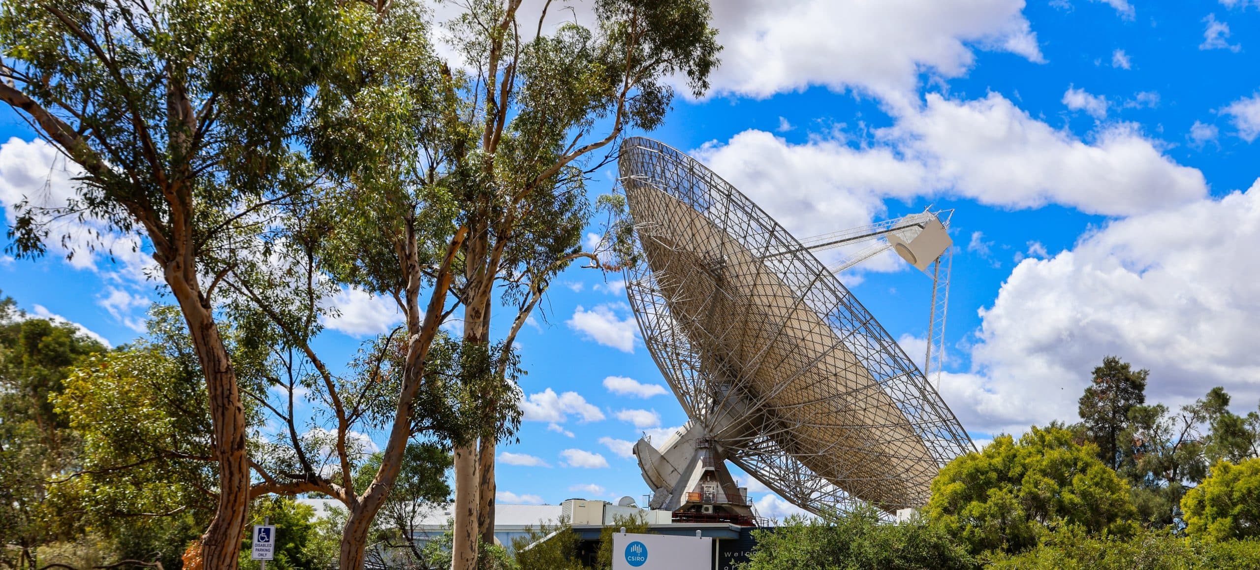 The CSIRO radio telescope at Parkes NSW. The dish of the telescope is just visible through eucalyptus trees against a bright blue sky with a few white clouds.